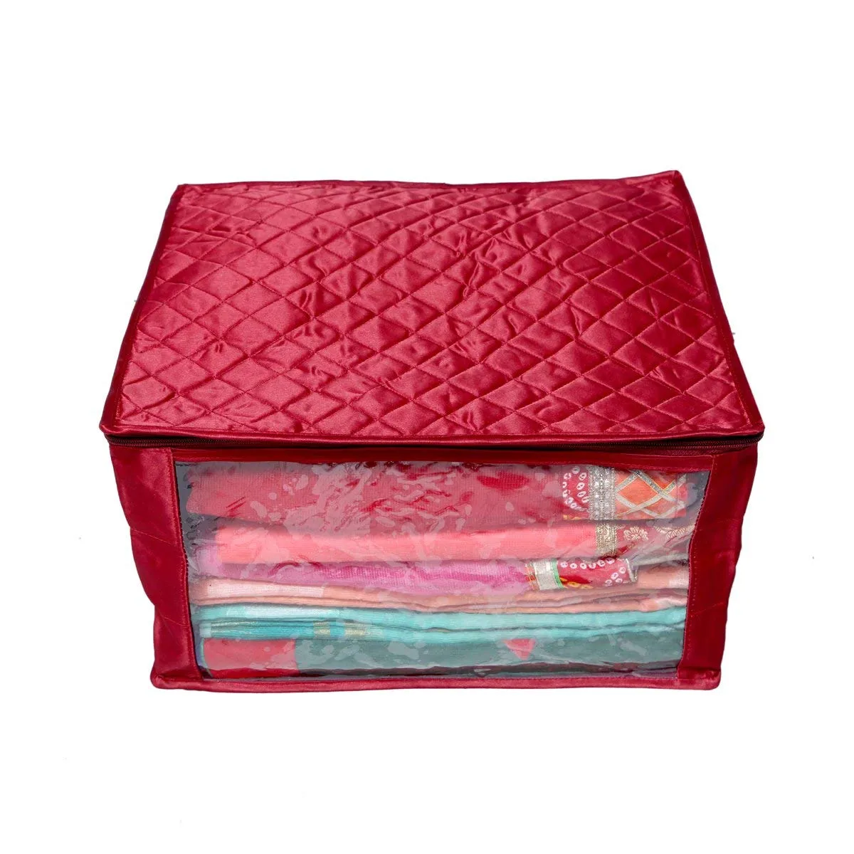 Kuber Industries Saree Cover Extra Large Size in Maroon Quilted Satin (with Capacity of Upto 15 Sarees) (KISSC02)